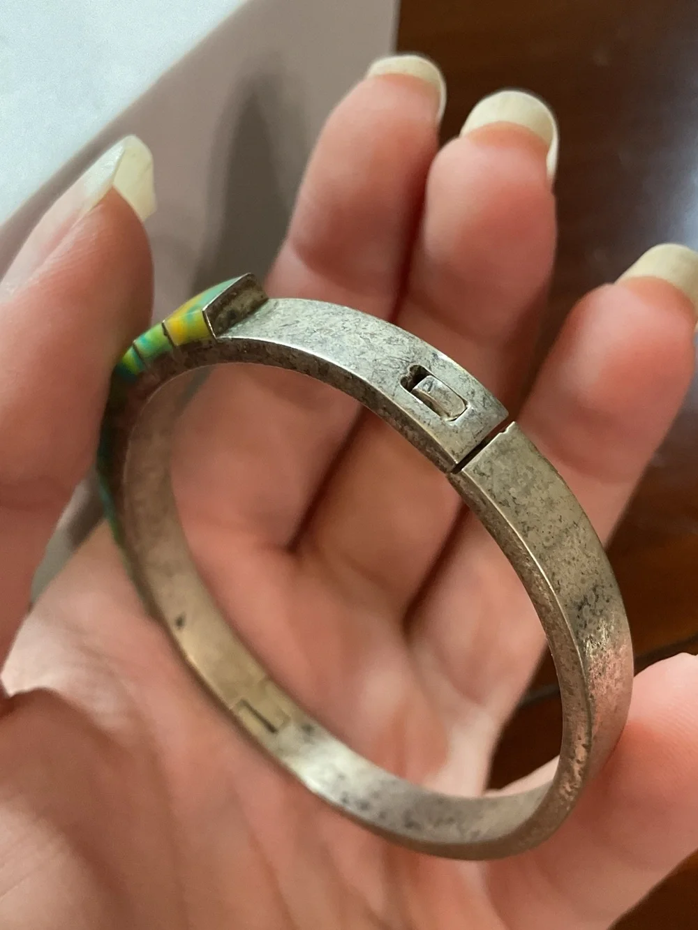 Vintage Mexico Acrylic Blue Green Inlay Silver Tone Bangle Bracelet